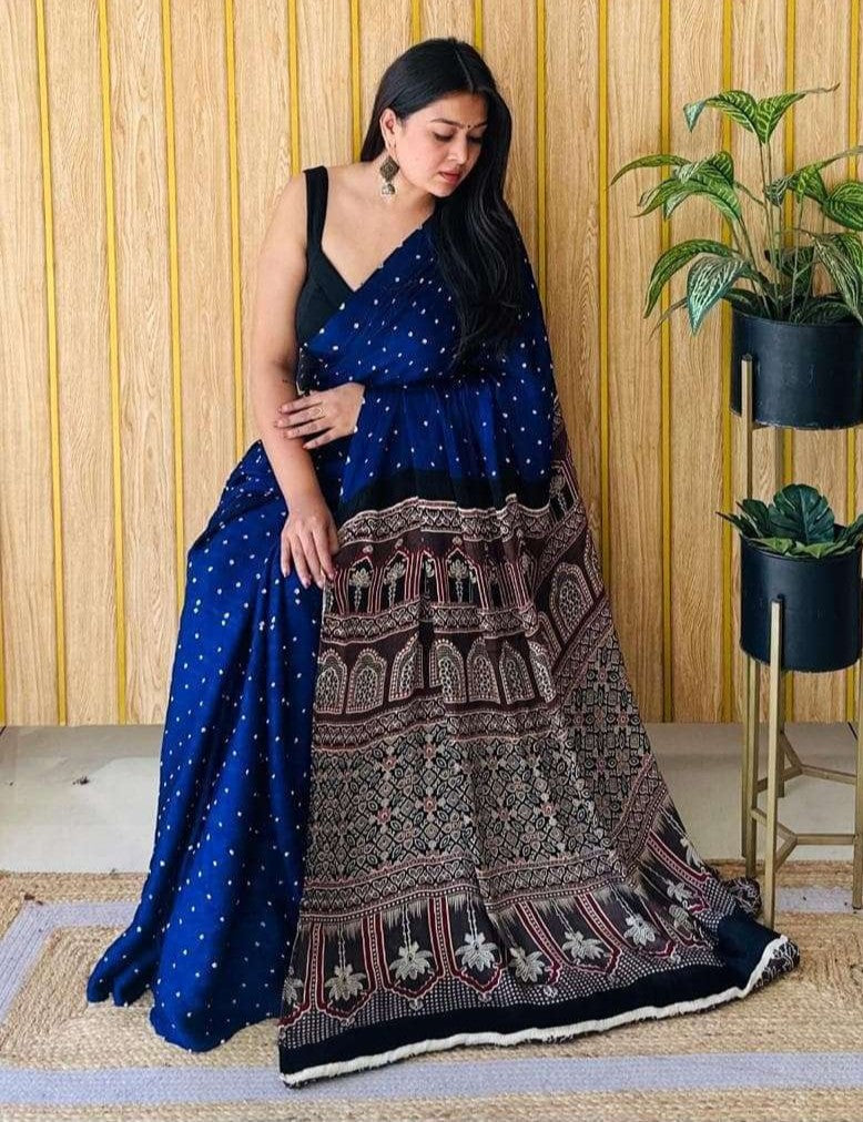 Blue Ajrakh Digital Print Modal Silk Saree