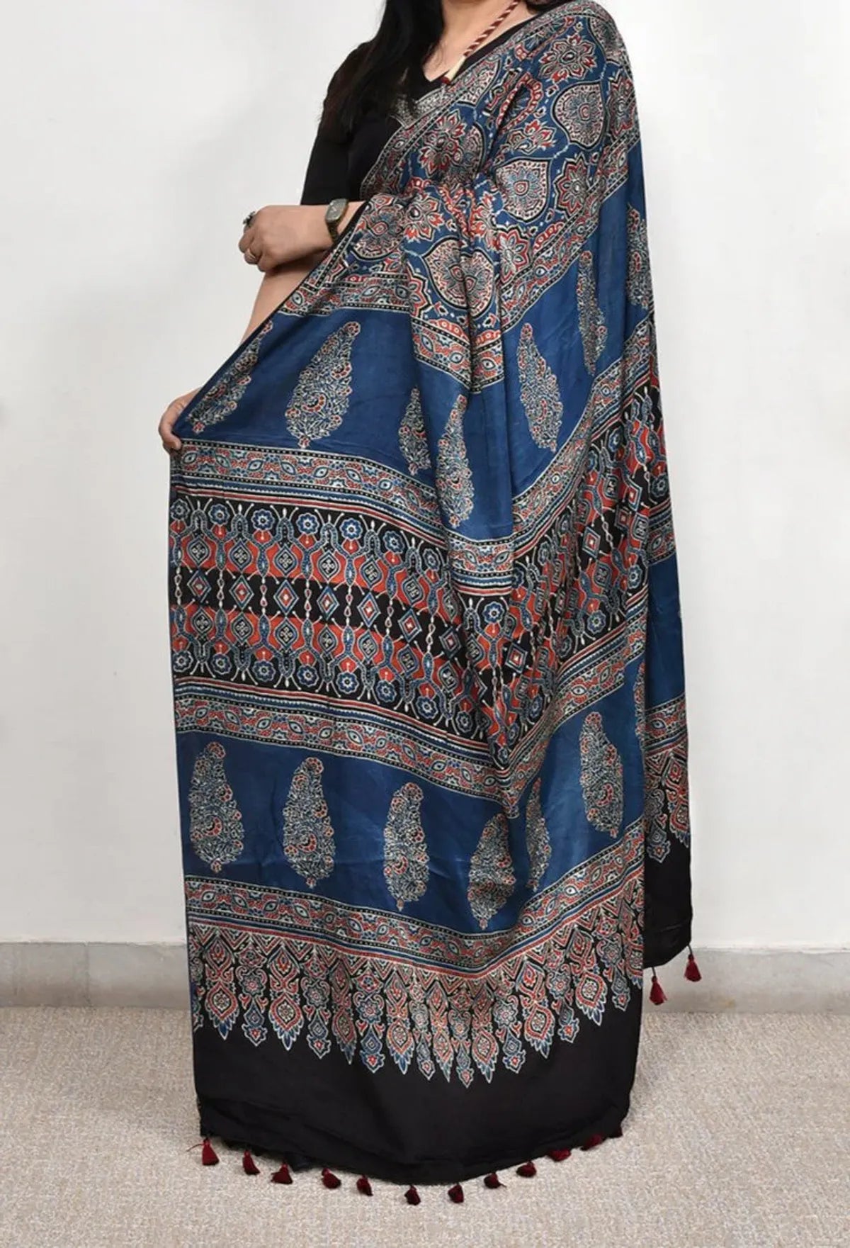 Blue Ajrakh Model Silk Saree