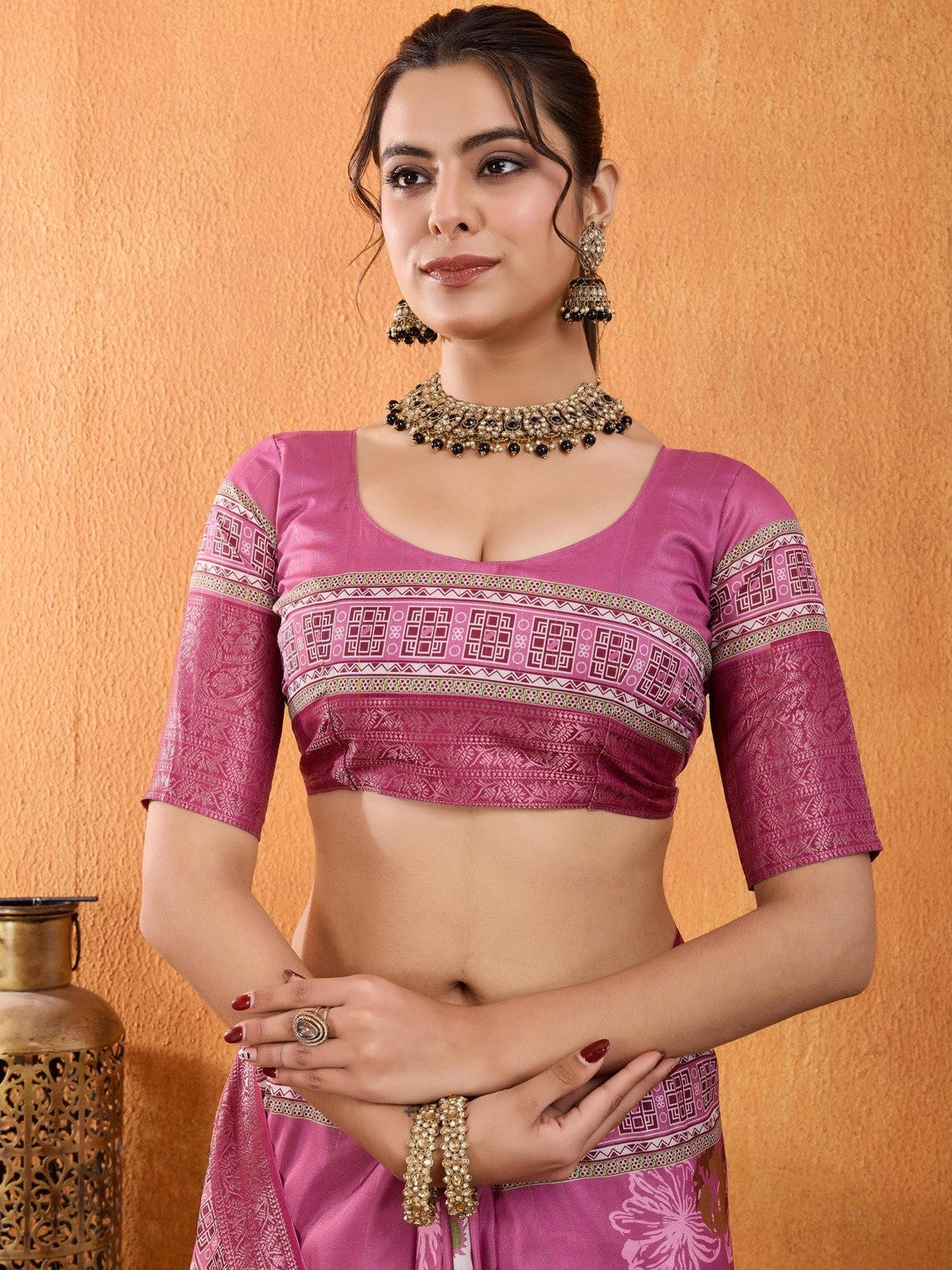 Pink Floral Printed Zari Pure Crepe Saree