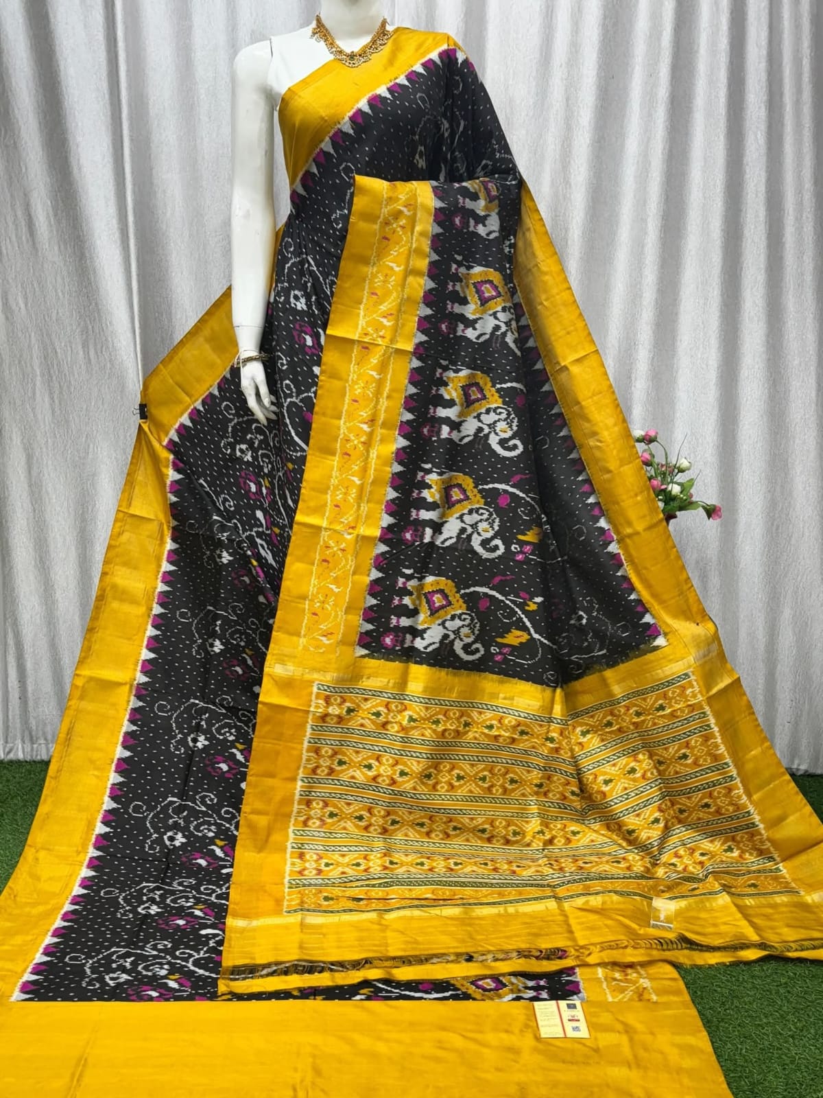 Pochampally Ikat Pure Silk Saree with Yellow Border and Elephant Motifs