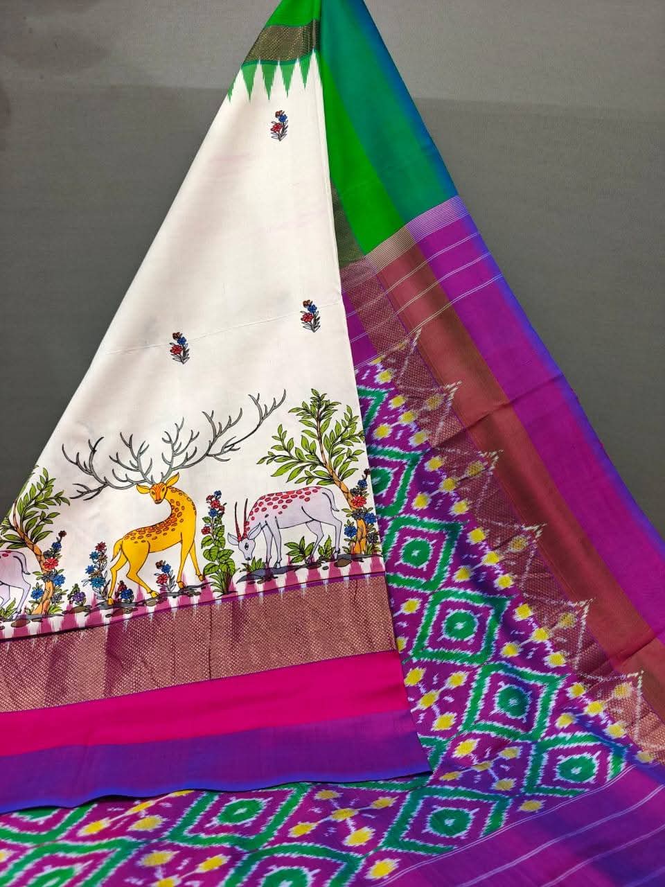 Pochampally Pattu Ikkat Printed Soft Silk Wedding Saree with Rich Zari Border