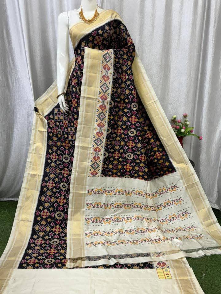 Black Pochampally Ikkat Silk Saree Off White Zari Pallu