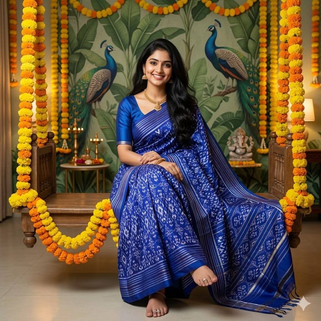 Hand-Woven Royal Blue Pochampally Ikkat Silk Saree Silver Zari
