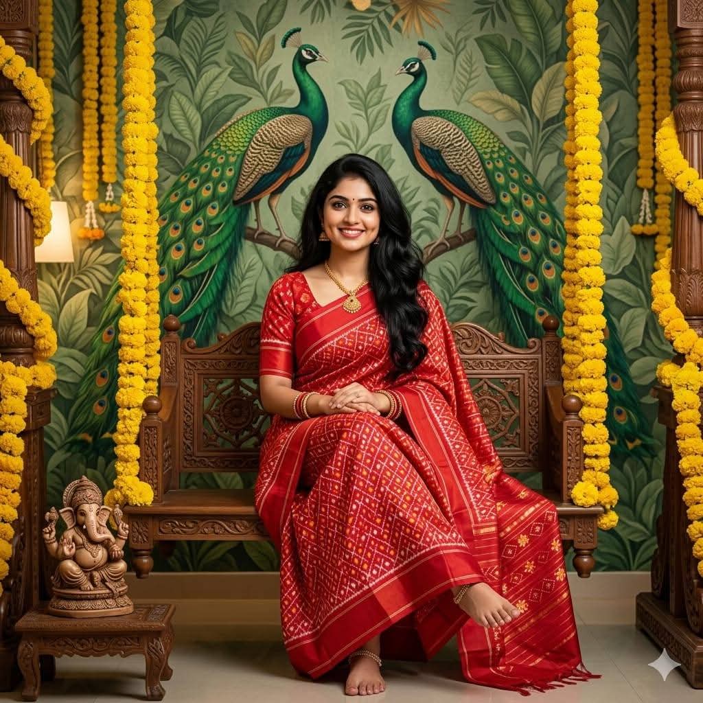 Hand-Woven Red Pochampally Ikkat Silk Saree with Gold Zari