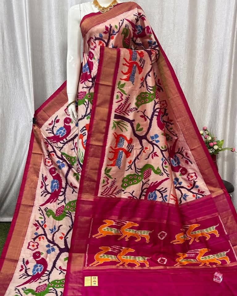 Peach Magenta Pochampally Ikkat Silk Saree Peacock Deer Motifs