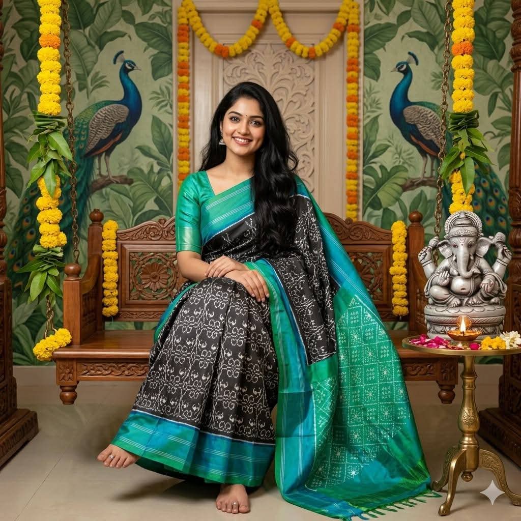Handloom Black and Sea Green Pochampally Ikkat Silk Saree