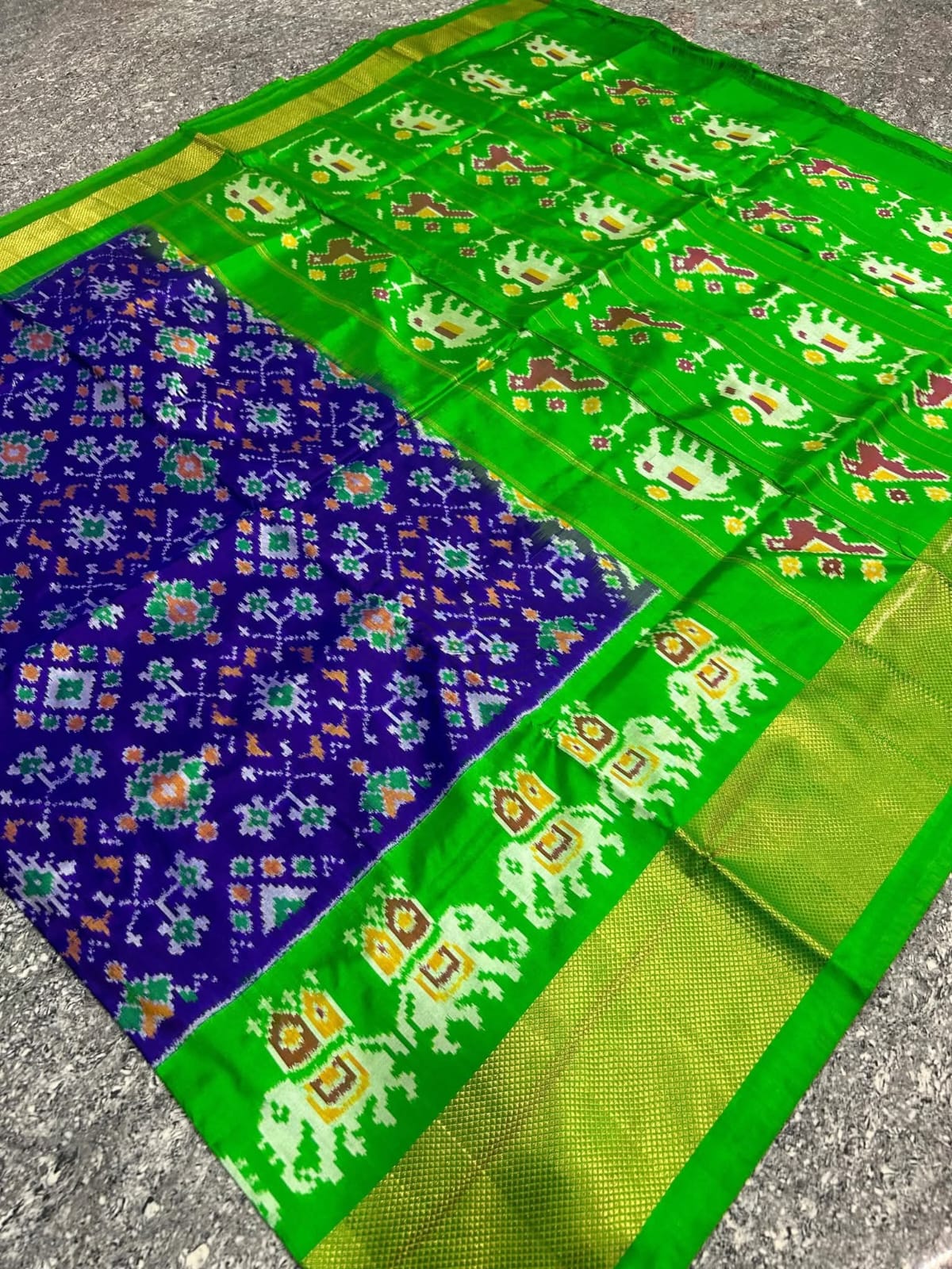 Purple Parrot Green Ikkat Silk Saree with Elephant Motifs
