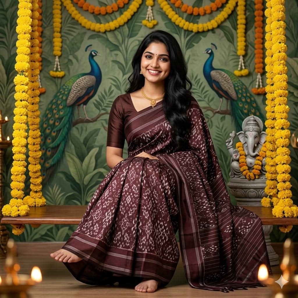 Handloom Chocolate Brown Pochampally Ikkat Saree with Silver Zari