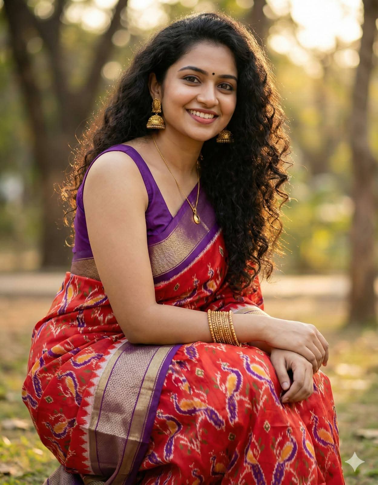 Red Purple Pochampally Ikkat Silk Saree with Peacock Motifs