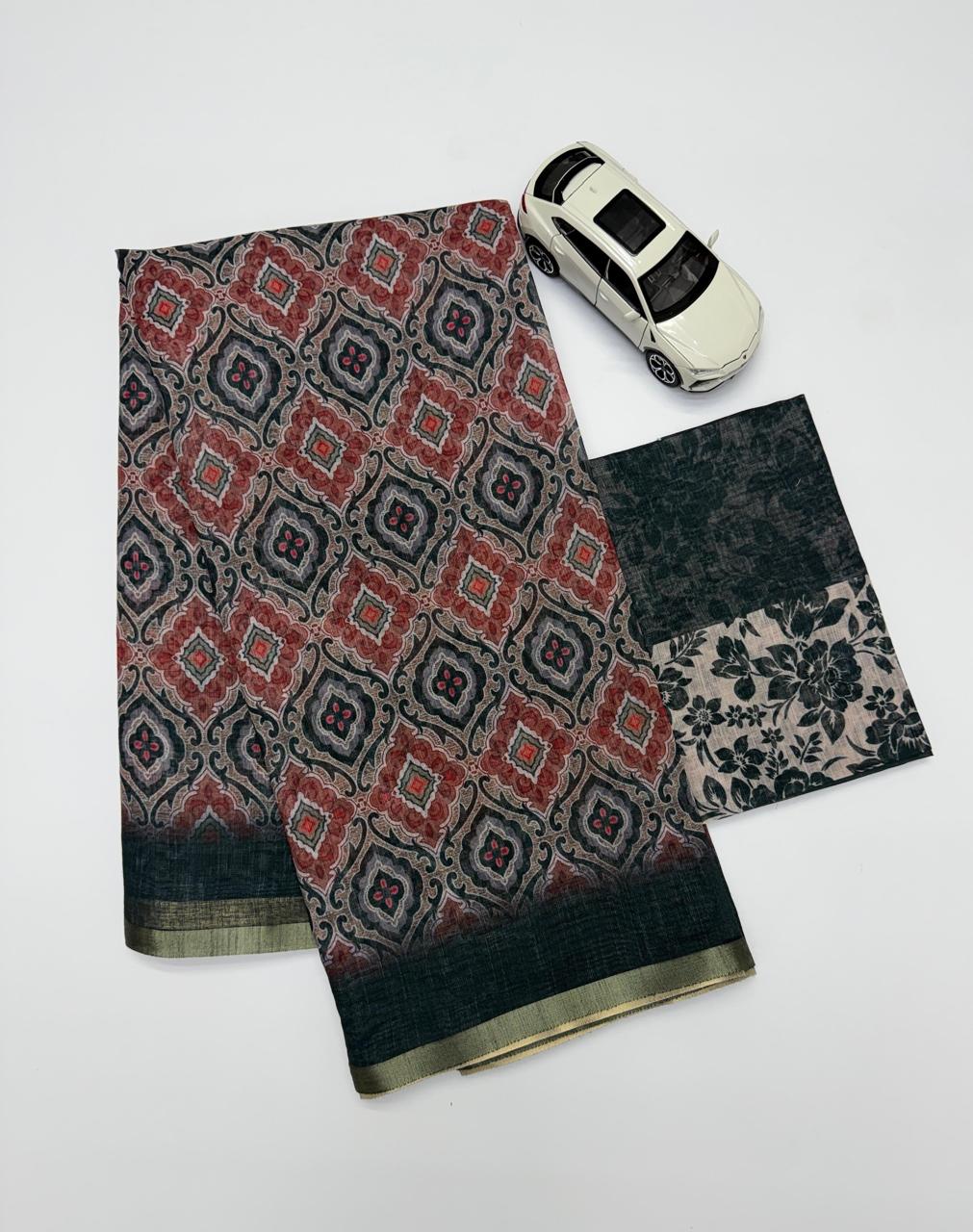 Timeless Charcoal Black Ajrakh Style Block Print Chanderi Saree