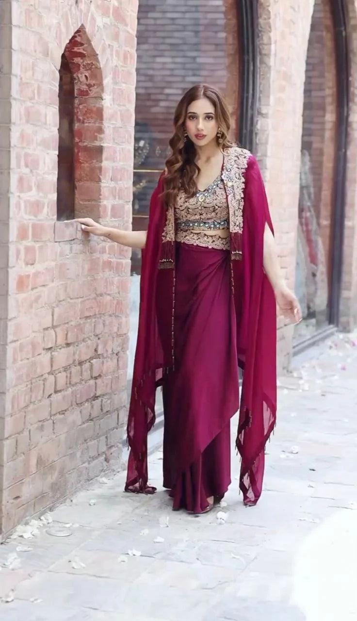 Premium Wine Organza Dhoti Salwar | Free Size (Up to 42")