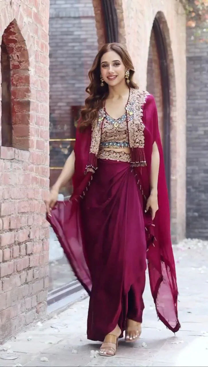 Premium Wine Organza Dhoti Salwar | Free Size (Up to 42")