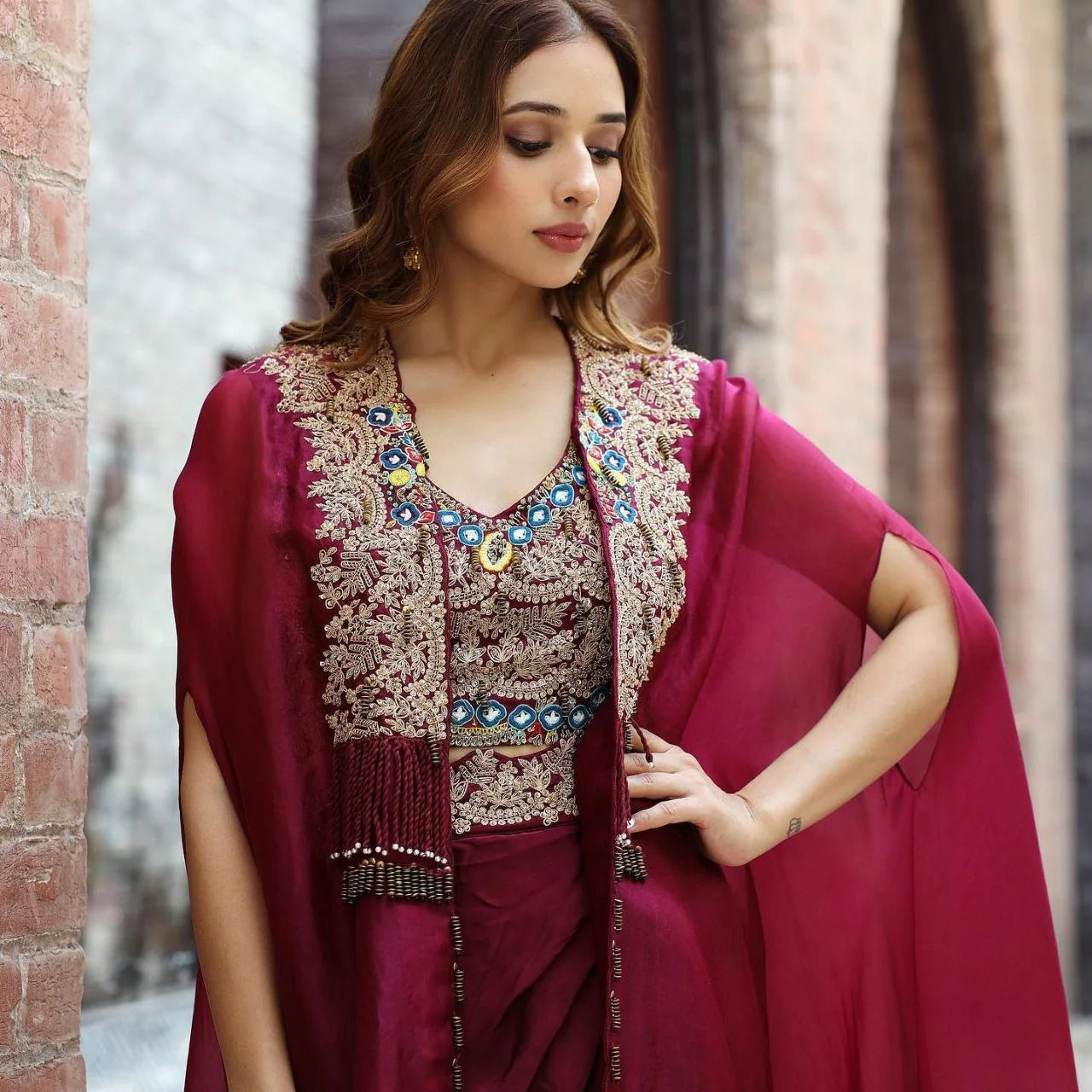 Premium Wine Organza Dhoti Salwar | Free Size (Up to 42")