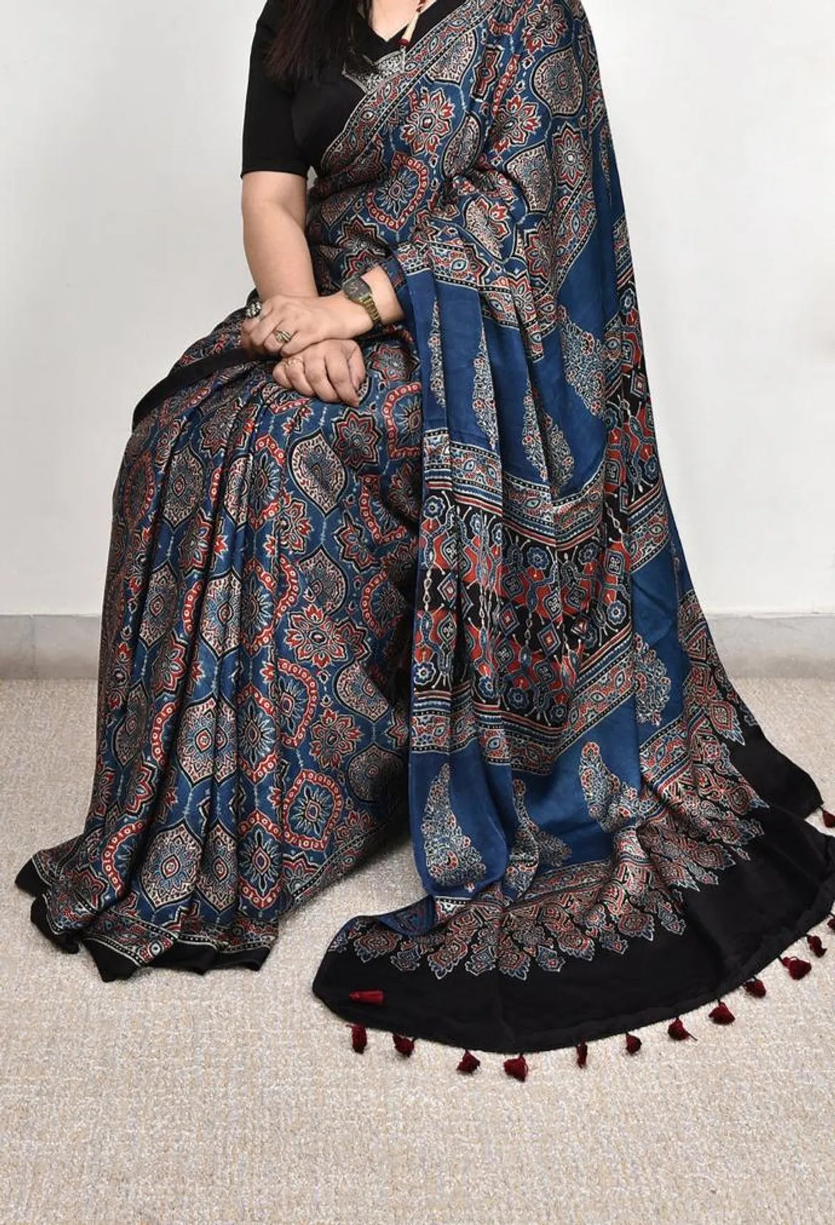 Blue Ajrakh Model Silk Saree