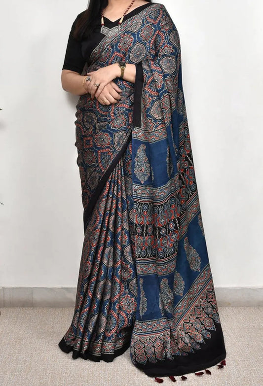 Blue Ajrakh Model Silk Saree
