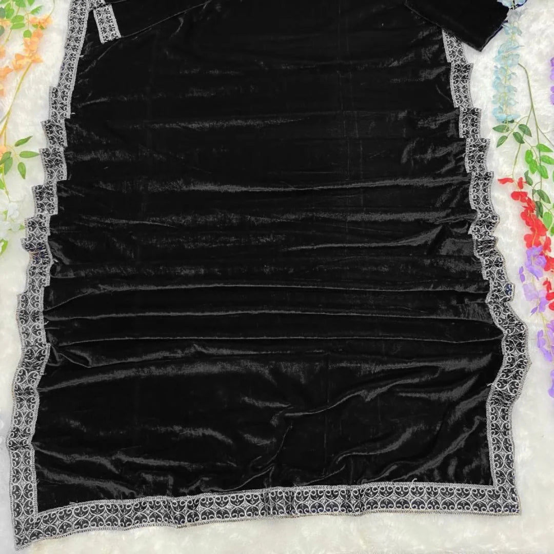 Ready to wear Velvet saree embellished with Sequin border, Stitched Blouse