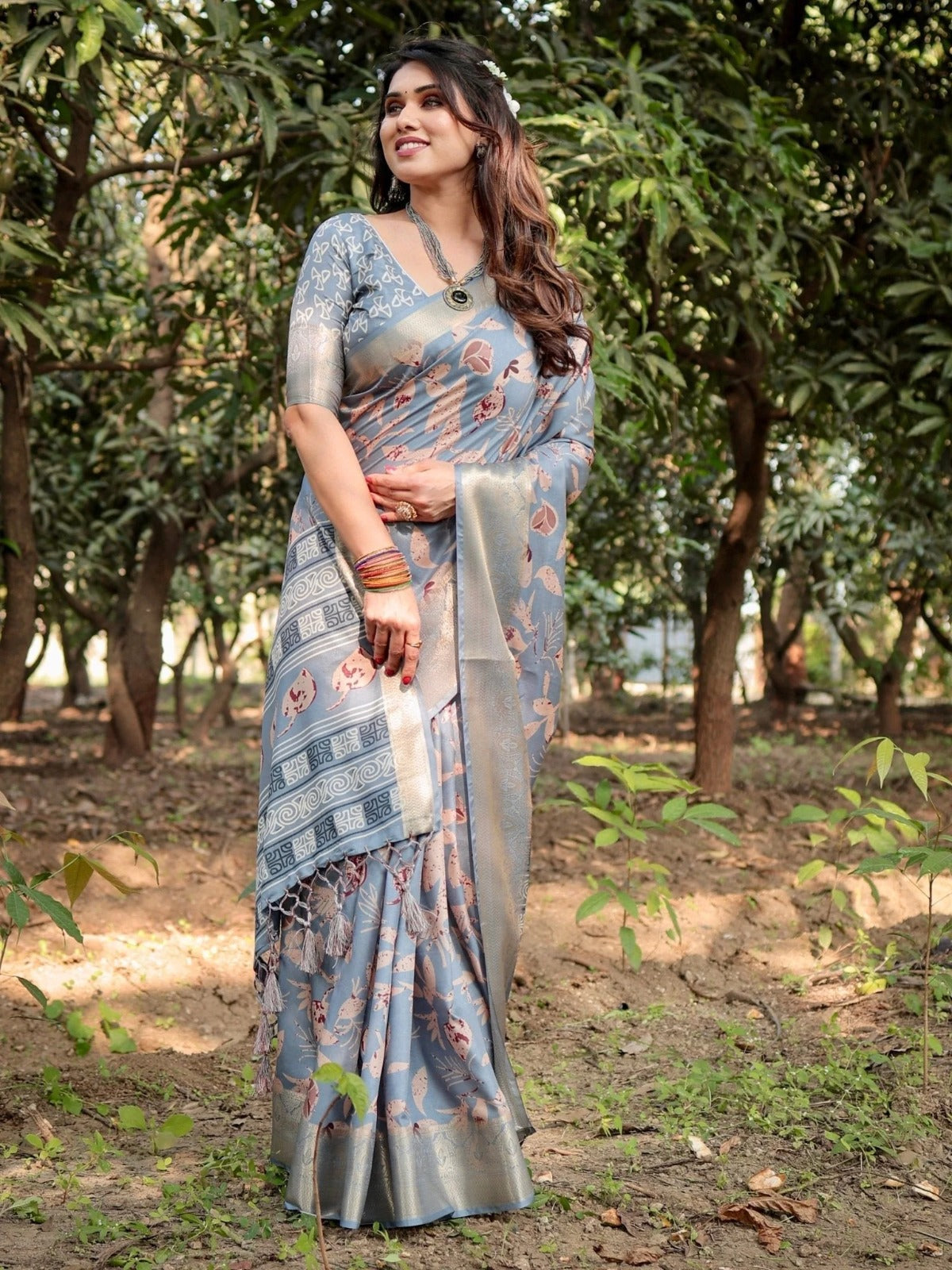 Sky Blue Tussar Silk Saree with Contemporary Pallu