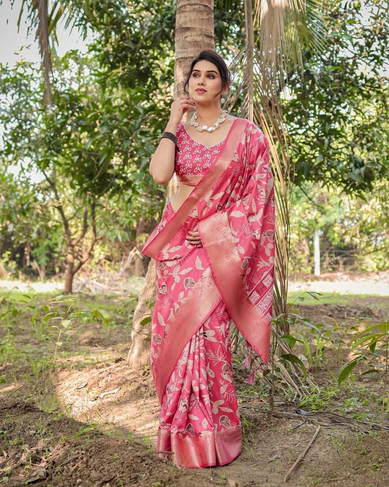 Vibrant Pink Tussar Silk Saree with Intricate Zari Border and Modern Floral Pallu