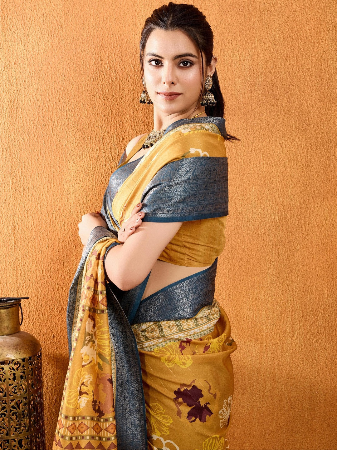 Yellow Floral Printed Zari Pure Crepe Saree