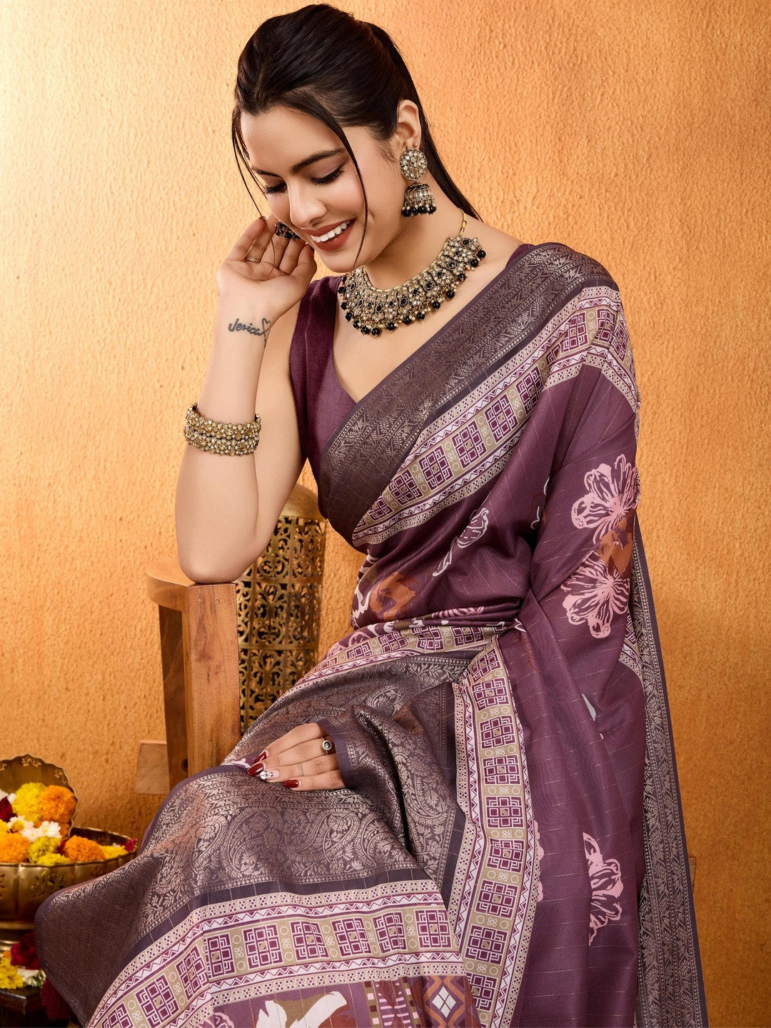Purple Floral Printed Zari Pure Crepe Saree