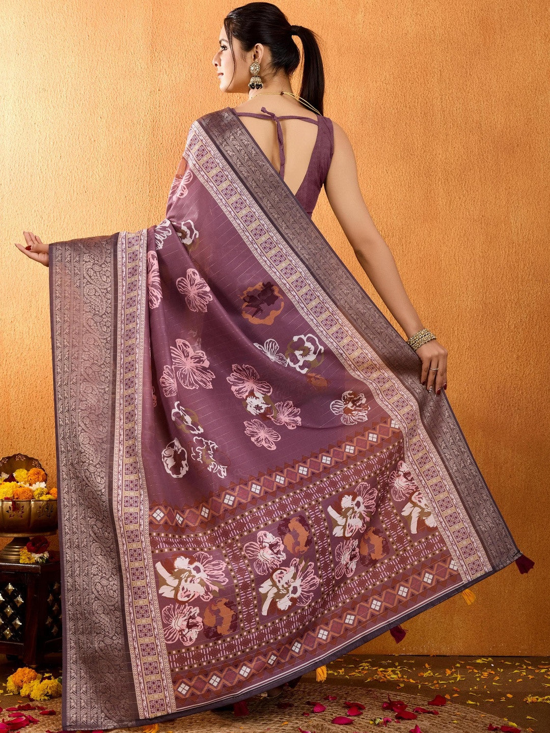 Purple Floral Printed Zari Pure Crepe Saree
