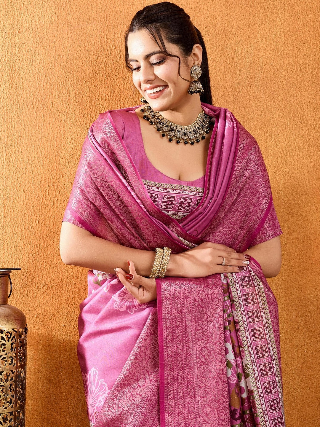 Pink Floral Printed Zari Pure Crepe Saree