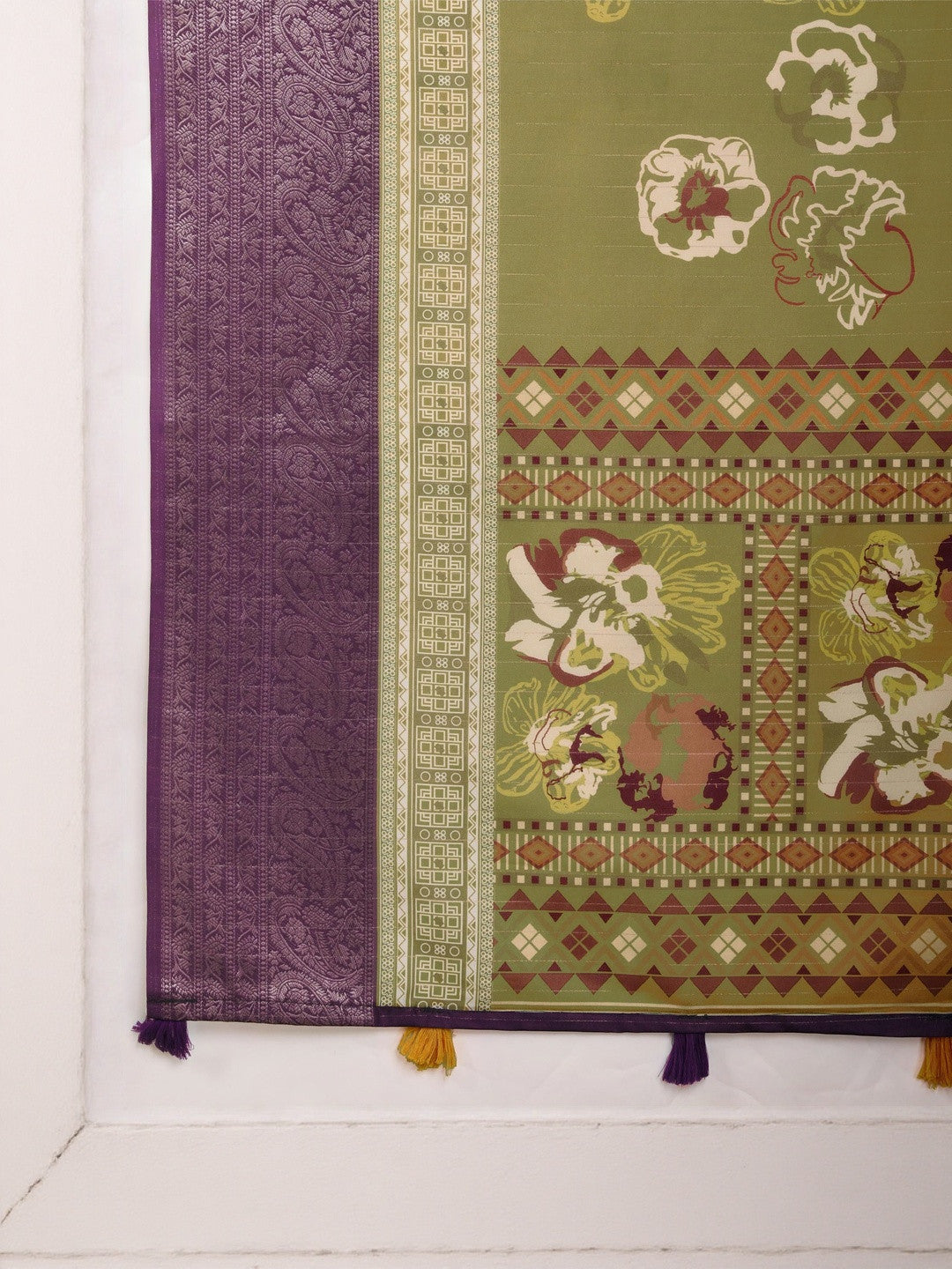 Mehandi Floral Printed Zari Pure Crepe Saree