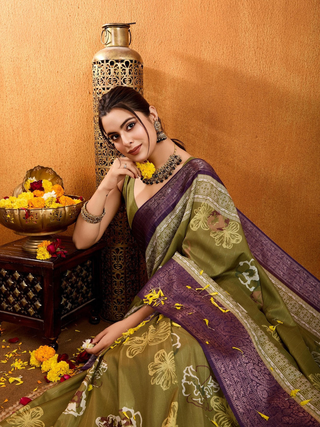 Mehandi Floral Printed Zari Pure Crepe Saree