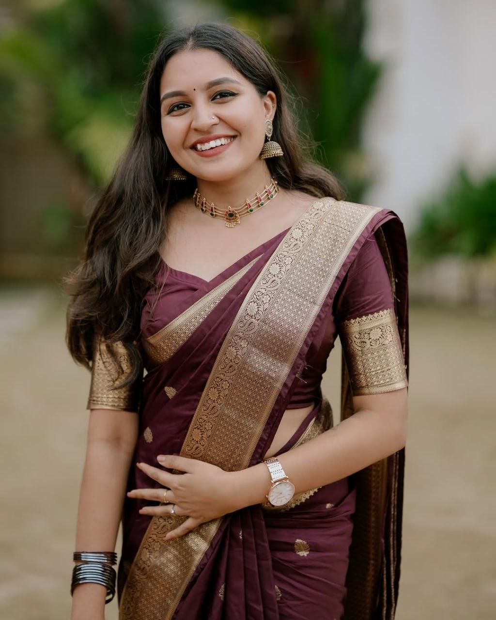 Glorious Wine Soft Silk Saree With Desirable Blouse Piece