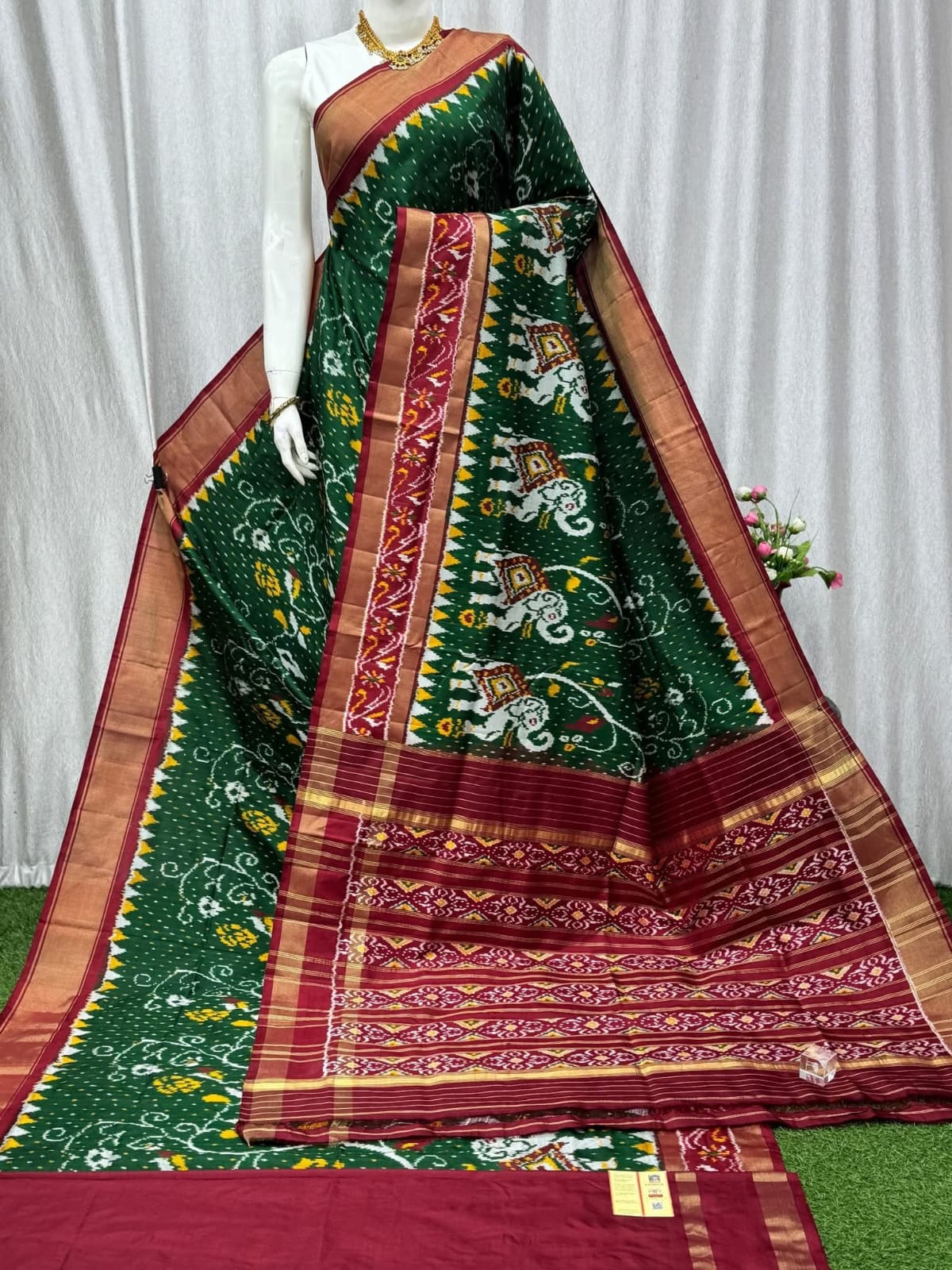 Pochampally Ikat Pure Silk Saree with Red Border and Elephant Motifs