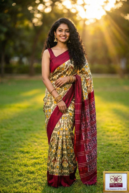 Dola Silk Pochampally Designer Printed Saree With Unstitched Blouse Piece For Women