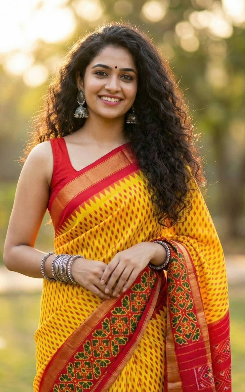 Hand-Woven Yellow Pochampally Ikkat Saree with Red Border