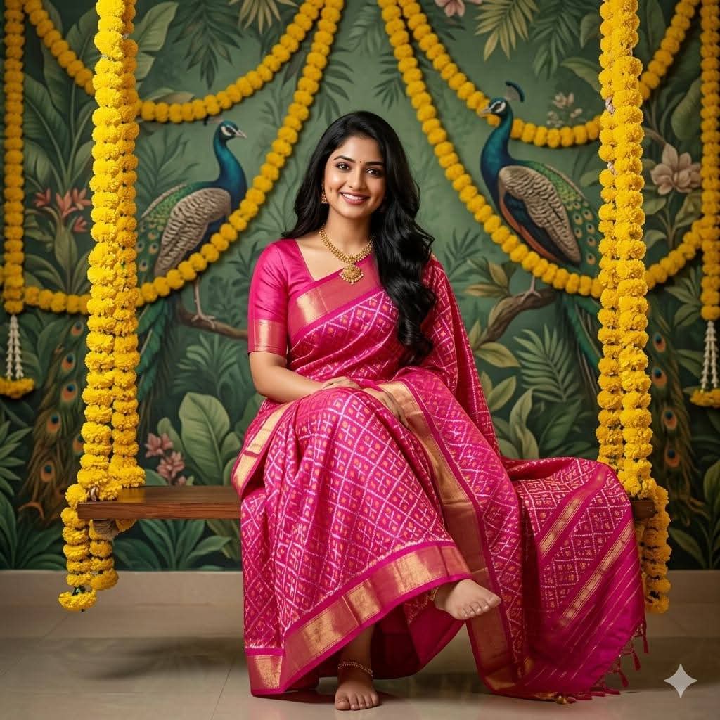 Magenta Pink Handloom Pochampally Ikkat Silk Saree Gold Border