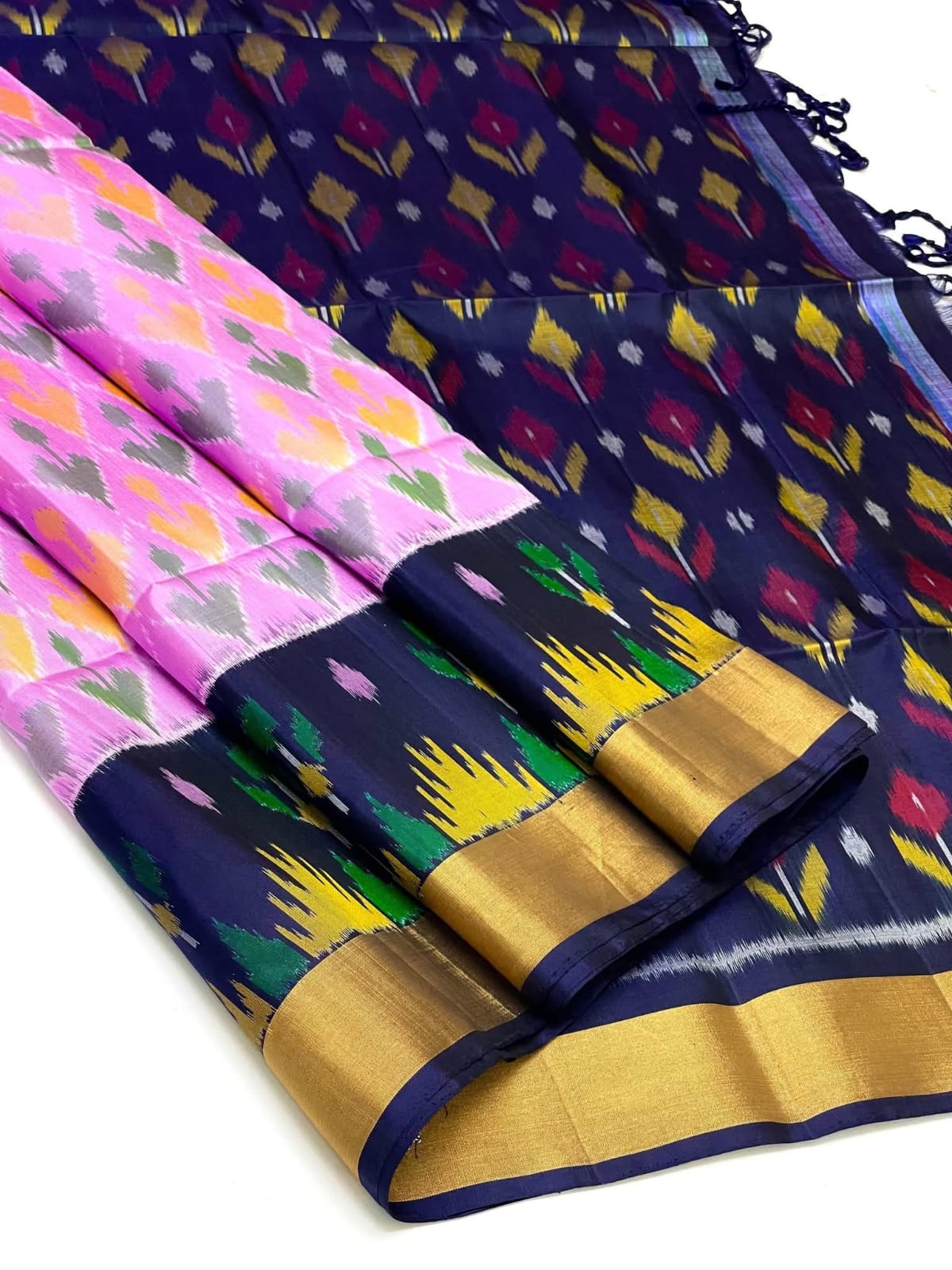 Handloom Pink Navy Blue Pochampally Ikkat Silk Saree Zari