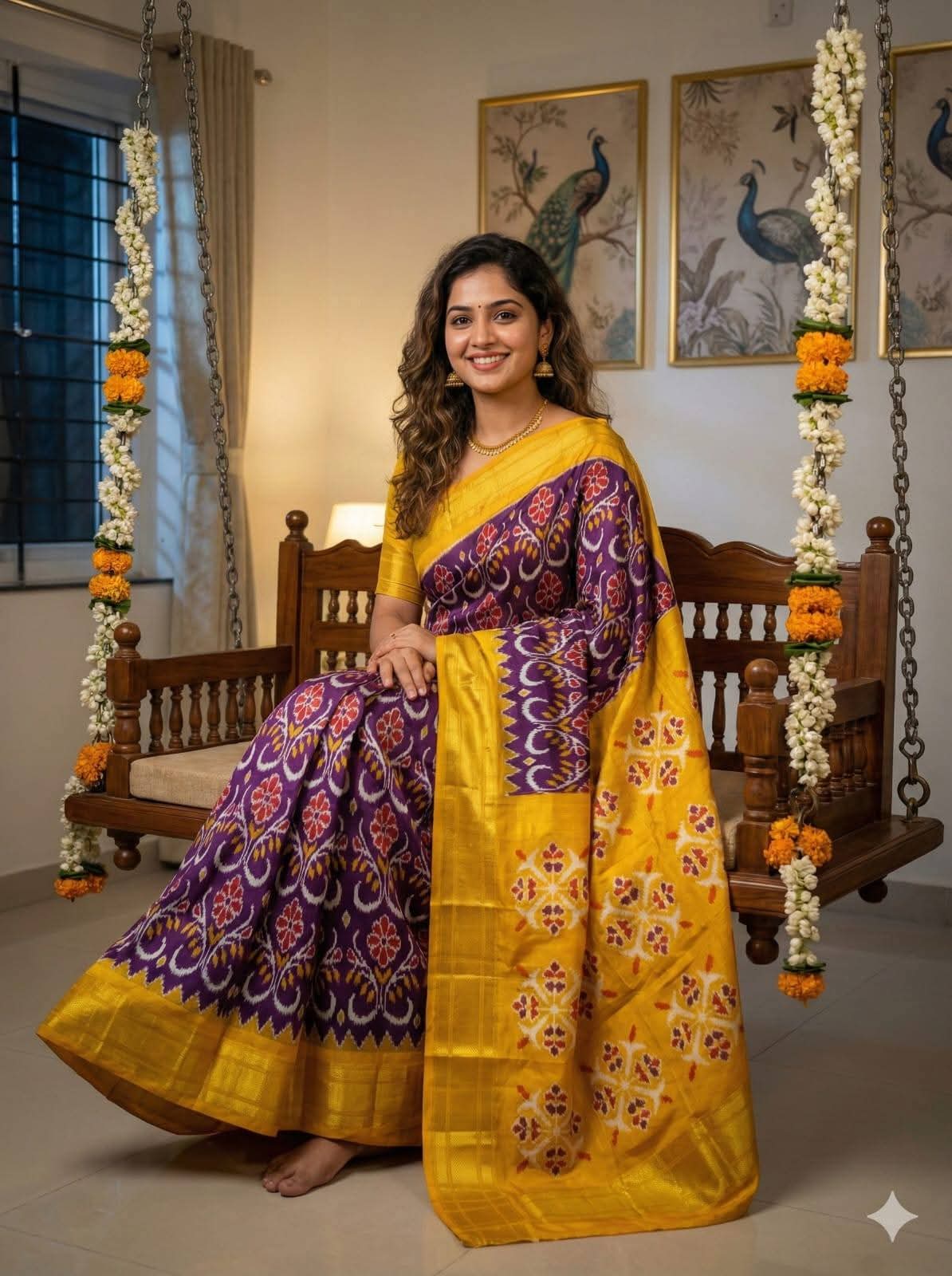Handloom Purple and Yellow Pochampally Ikkat Silk Saree Zari