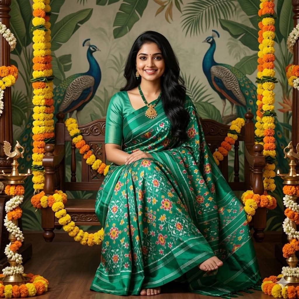 Hand-Woven Emerald Green Pochampally Ikkat Silk Saree Silver Zari
