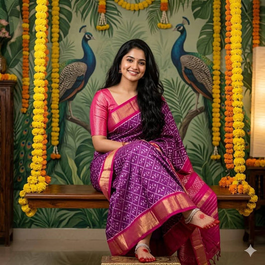 Purple Pink Pochampally Ikkat Silk Saree with Diamond Motifs
