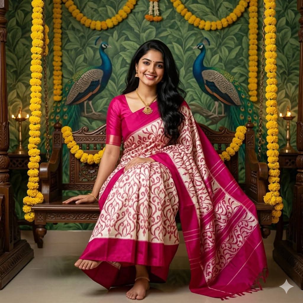 Handloom Off-White Magenta Pochampally Ikkat Silk Saree Gold Zari