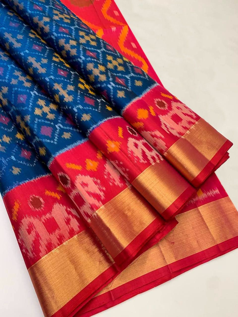 Teal Blue Pochampally Ikkat Silk Saree with Elephant Motifs