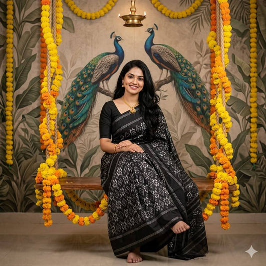 Black and White Pochampally Ikkat Silk Saree Floral Motifs