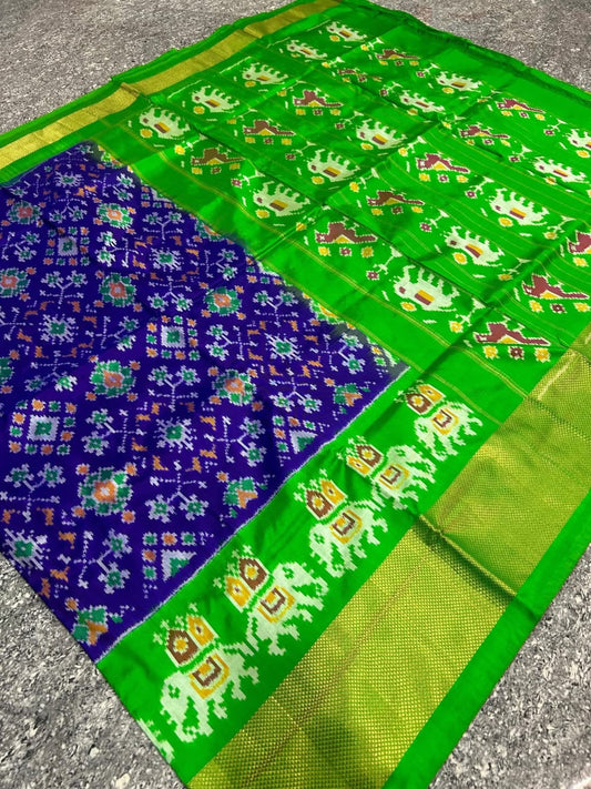 Purple Parrot Green Ikkat Silk Saree with Elephant Motifs