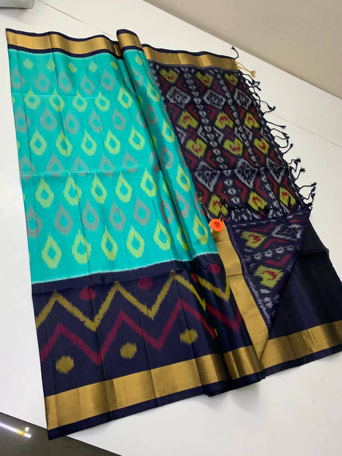 Turquoise Navy Blue Pochampally Ikkat Saree with Teardrop Motifs
