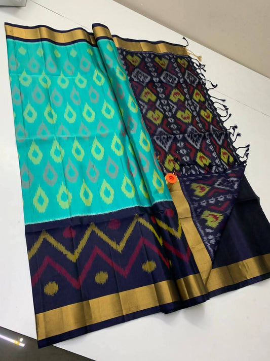 Turquoise Navy Blue Pochampally Ikkat Saree with Teardrop Motifs