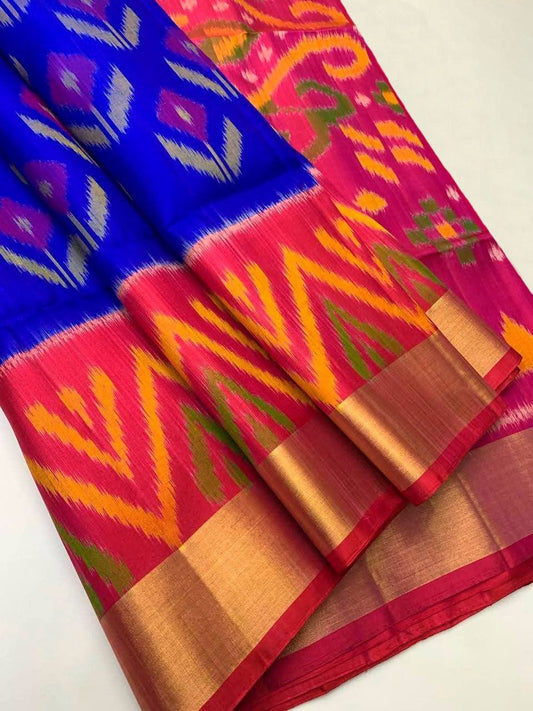 Royal Blue Pink Pochampally Ikkat Silk Saree Zigzag Pattern