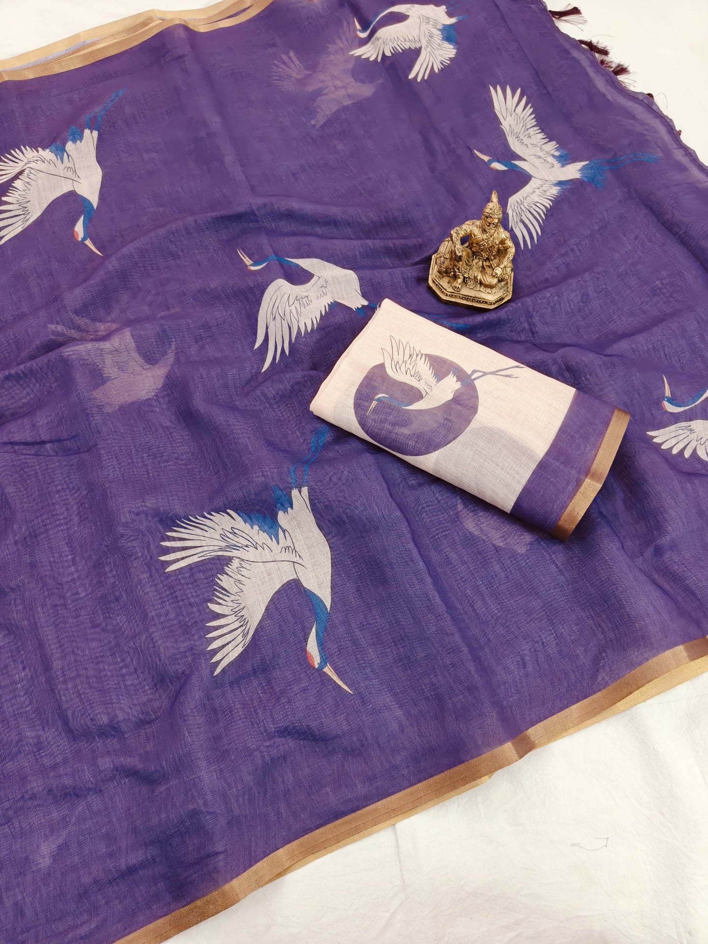 Artistic Purple Chanderi Cotton Saree With White Crane Print