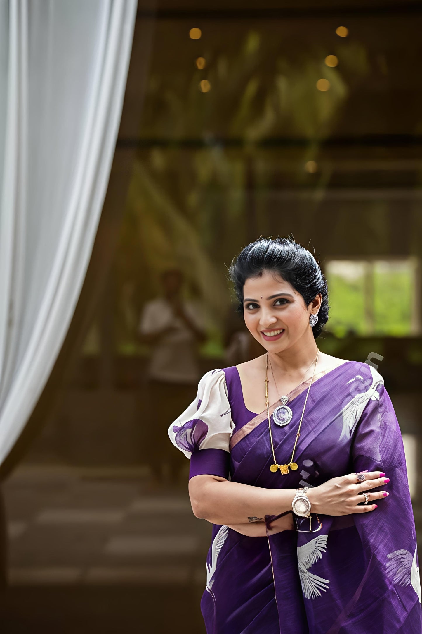 Artistic Purple Chanderi Cotton Saree With White Crane Print
