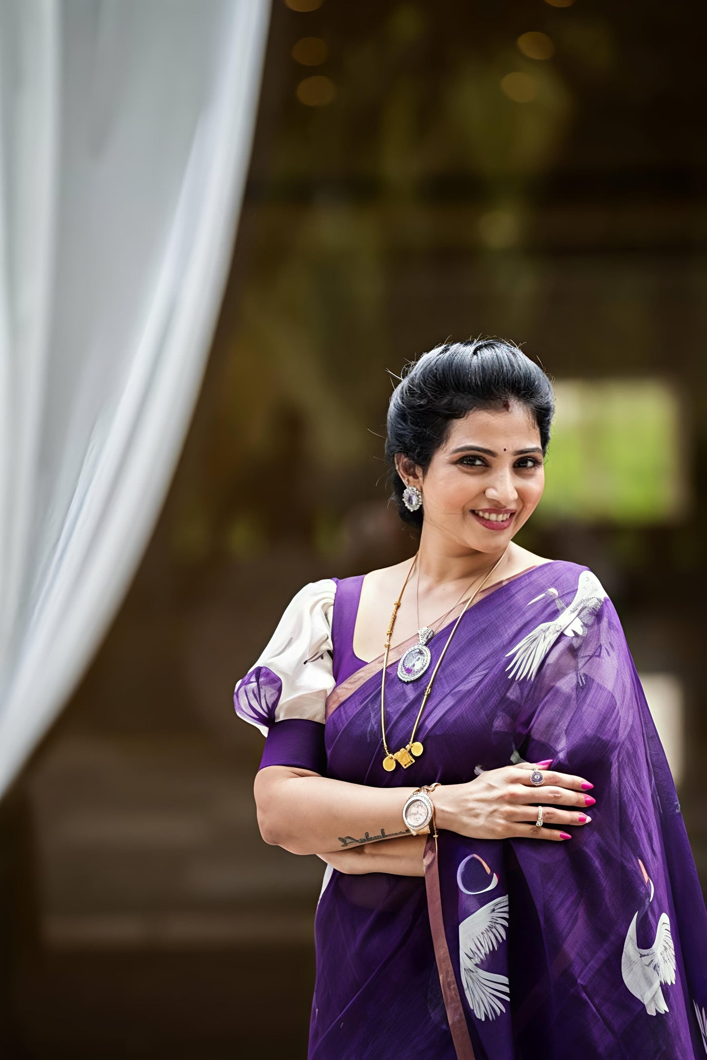 Artistic Purple Chanderi Cotton Saree With White Crane Print