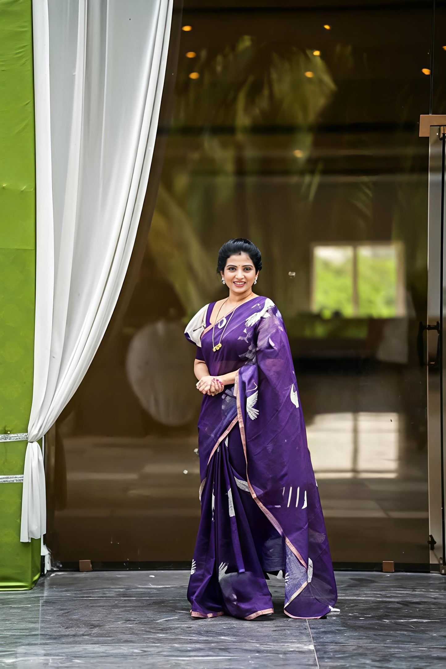 Artistic Purple Chanderi Cotton Saree With White Crane Print