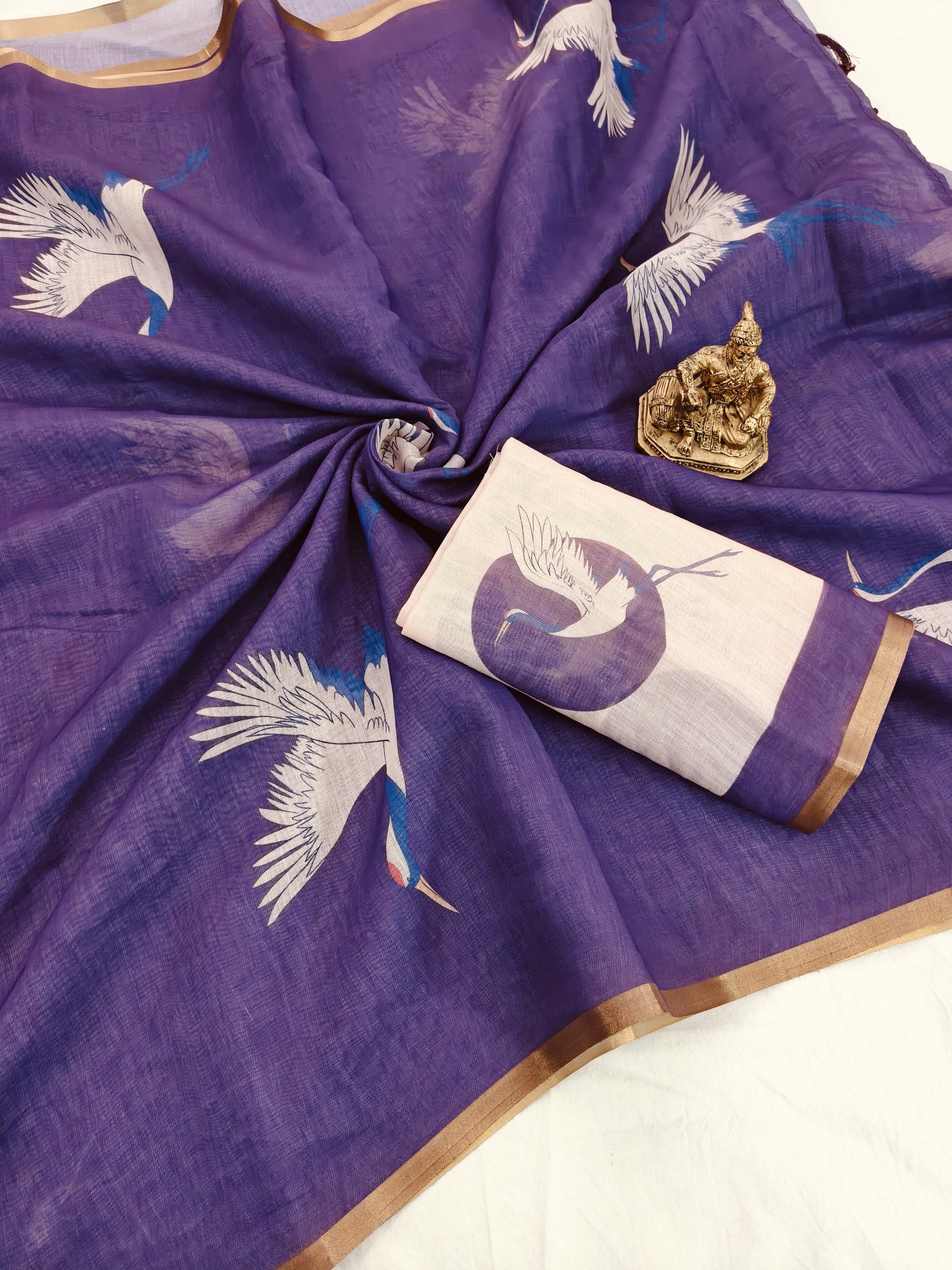 Artistic Purple Chanderi Cotton Saree With White Crane Print