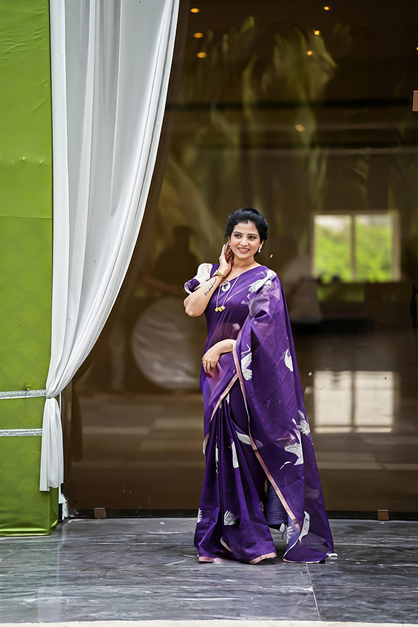 Artistic Purple Chanderi Cotton Saree With White Crane Print